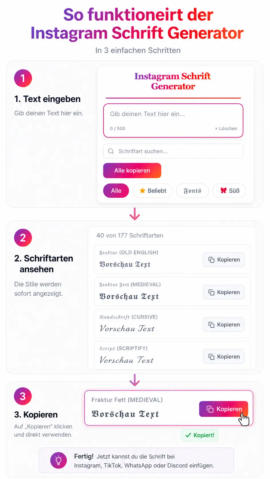 Instagram Schrift Generator in Aktion – Schriftstile werden in Echtzeit für Instagram-Bios und Captions angezeigt