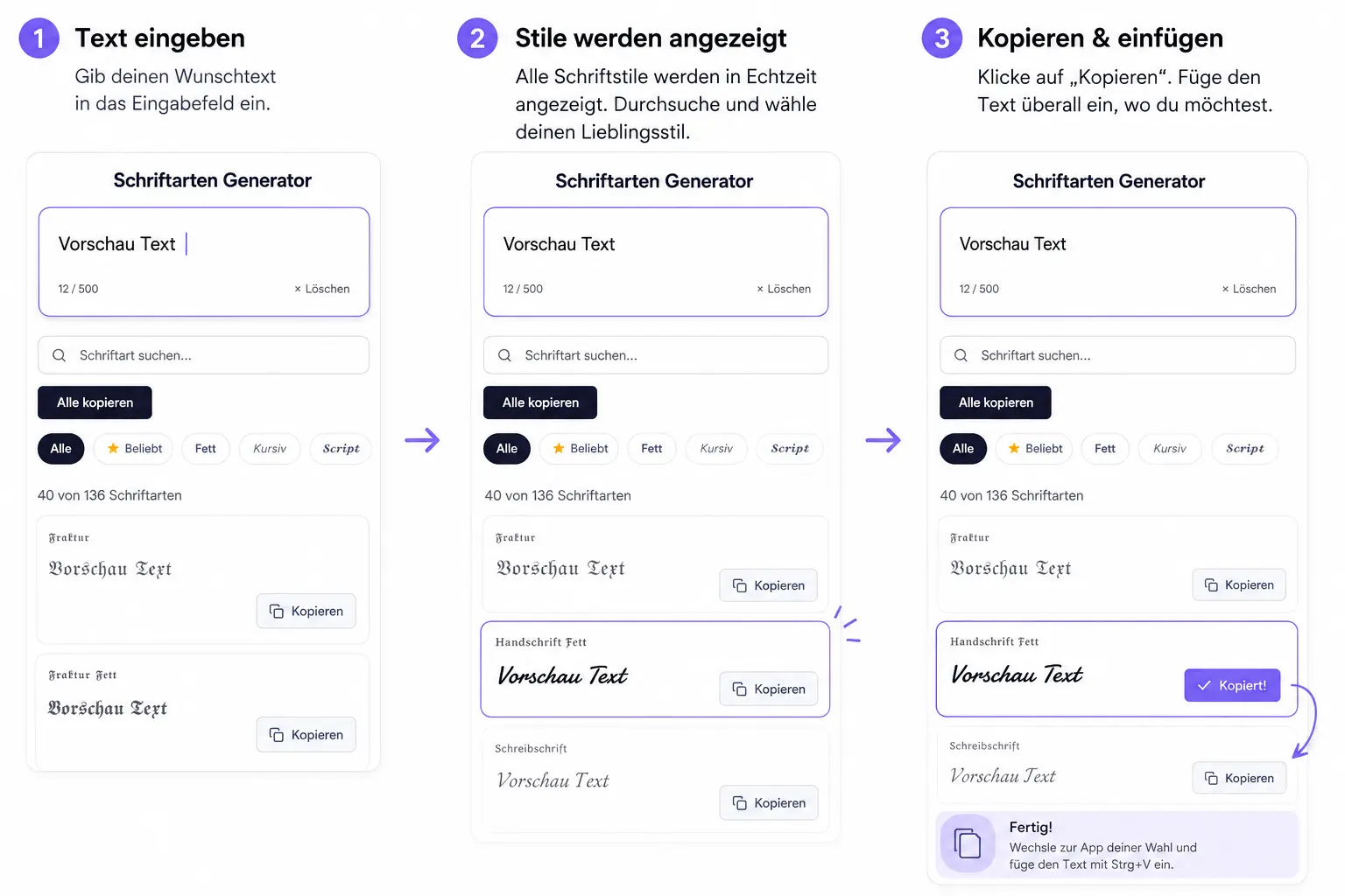 Schriftgenerator in Aktion – Schriftstile werden in Echtzeit angezeigt