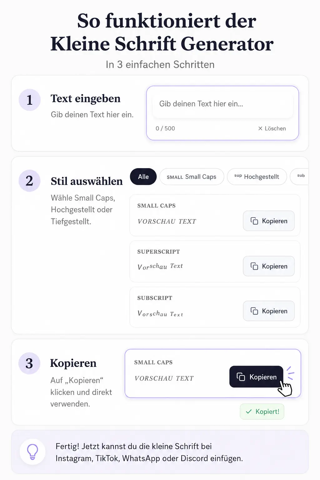 Kleine Schrift Generator in Aktion – Superscript, Subscript und Small Caps in der Live-Vorschau
