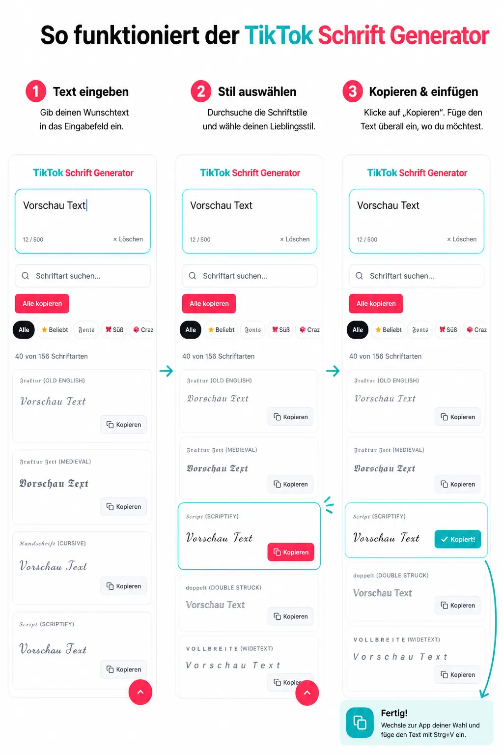 TikTok Schrift Generator Anleitung – Text eingeben, Schriftstil wählen und auf TikTok einfügen